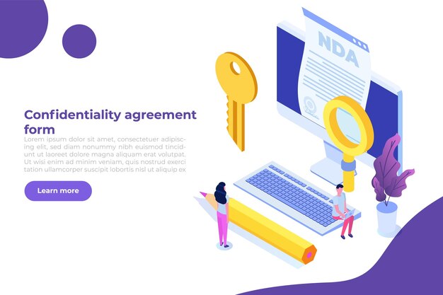 Restricciones legales, contrato de acuerdo de confidencialidad o icono de NDA. Ilustración vectorial isométrica.