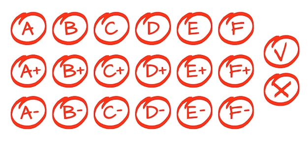 Resultado del examen conjunto de letras dibujadas a mano AF en círculos y marcas de hacer y no hacer. Grado rojo gráfico de la escuela de educación de perfecto a no bueno signos de dibujo vectorial de la ilustración del marcador de examen de prueba escolar