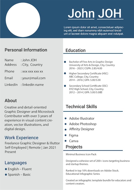 Resume de diseño gráfico editable con diseño de dos columnas
