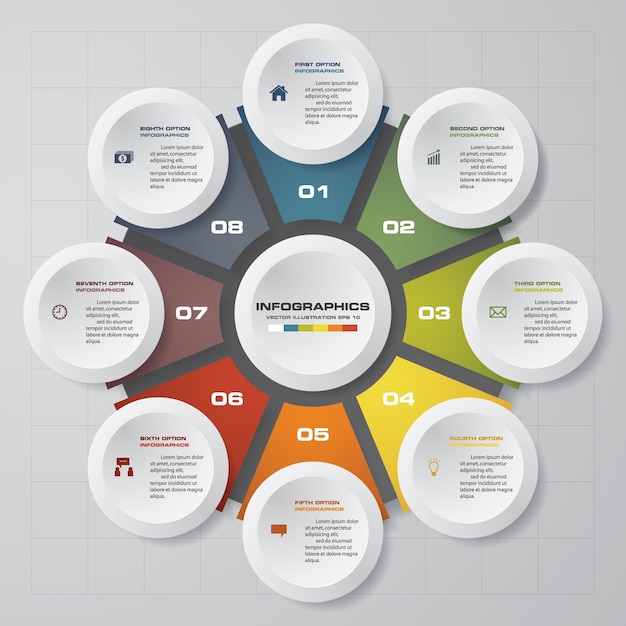Resumen 8 pasos gráfico elementos de infografía.