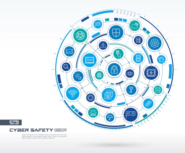 Resumen de antecedentes de seguridad cibernética. Sistema de conexión digital con círculos integrados, brillantes iconos de líneas finas. Grupo de sistema de red, concepto de interfaz. futura ilustración infográfica