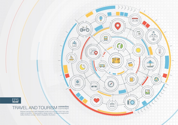 Resumen de antecedentes de viaje. Sistema de conexión digital con círculos integrados, iconos de colores. Interfaz gráfica radial. Concepto futuro. ilustración infográfica