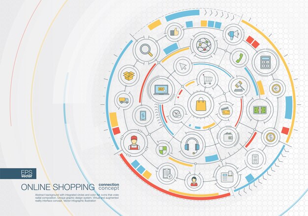 Resumen de antecedentes de viaje. sistema de conexión digital con círculos integrados, iconos de colores. interfaz gráfica radial. concepto futuro. ilustración infográfica