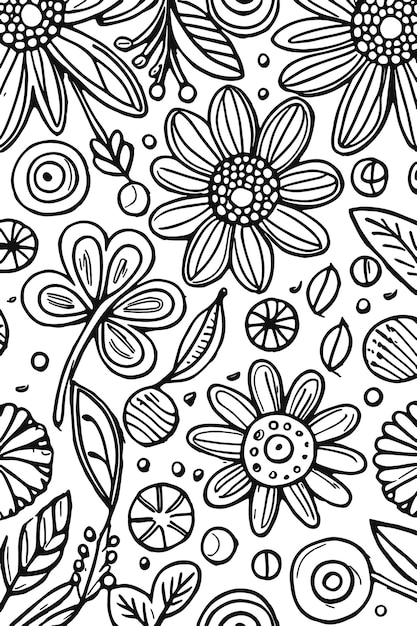 Resumen blanco y negro monocromático handrawn flores textura patrón doodle ilustración vectorial