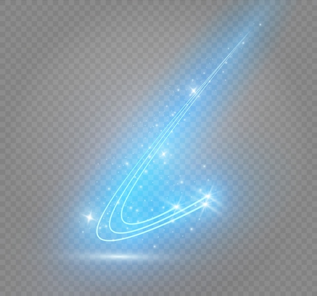 Resumen brillante efecto de luz de estrella mágica del neón borroso de líneas curvas. Brillantes estrellas rastro de polvo del cometa volador lateral sobre un fondo transparente.