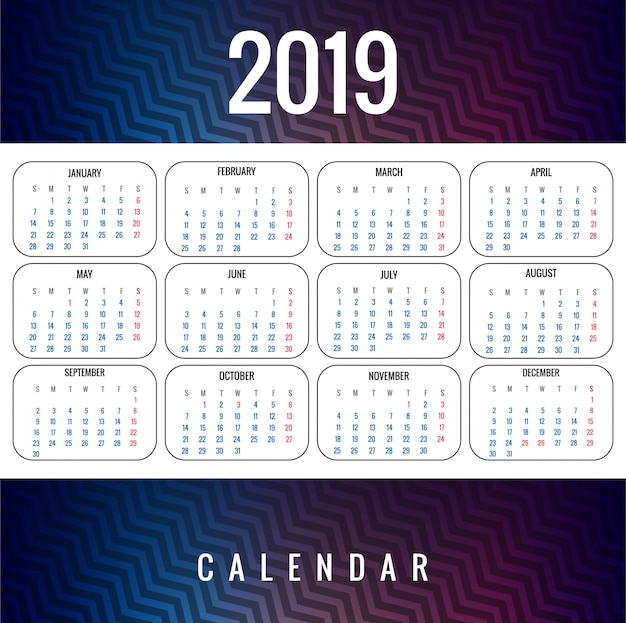 Vector resumen calendario colorido diseño de plantilla 2019