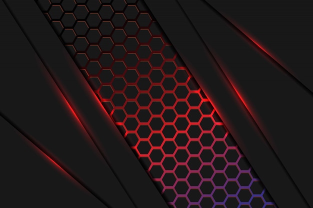 Resumen capas de superposición de luz roja y azul oscura con fondo de patrón de malla hexagonal