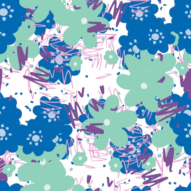Resumen colorido fantasía desordenado garabato flor de patrones sin fisuras. Fondo floral creativo.
