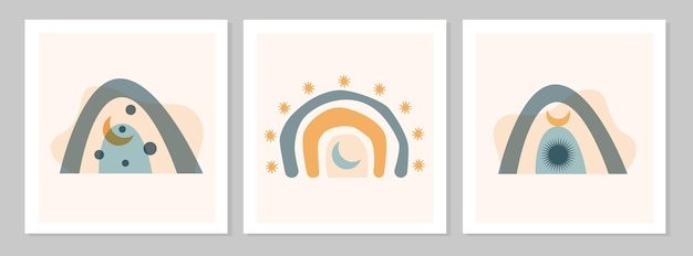 Resumen conjunto colorido arco iris boho con formas, imoon, sol, estrella solated sobre fondo beige. Vector ilustración plana. Imágenes prediseñadas de estilo escandinavo para impresiones modernas, tarjetas de felicitación, carteles, arte de la pared.