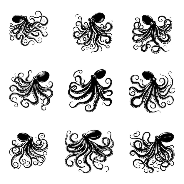 Resumen Conjunto de siluetas de pulpo Animal aislado Ilustración vectorial