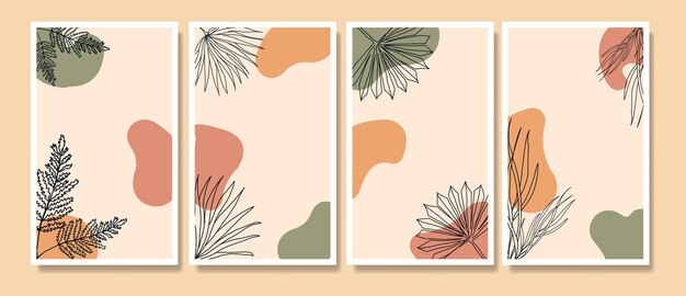 Resumen contemporáneo mediados de siglo moderno línea de hojas tropicales retratos boho cartel conjunto de plantillas
