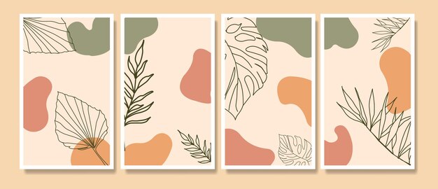 Resumen contemporáneo mediados de siglo moderno línea de hojas tropicales retratos boho cartel conjunto de plantillas