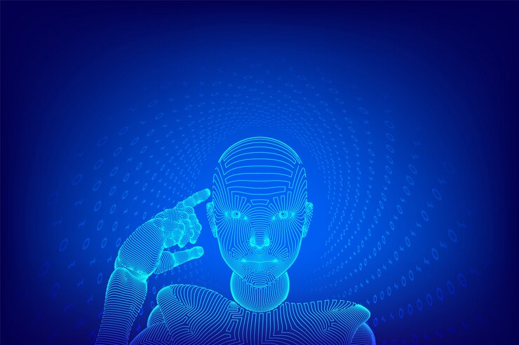 Vector resumen cyborg hembra de estructura metálica sostiene un dedo cerca de la cabeza y piensa o calcula usando su inteligencia artificial.