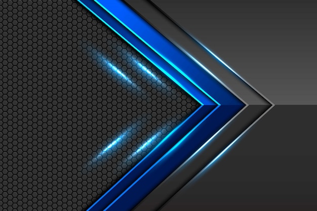 Resumen dirección de flecha metálica gris oscuro azul con patrón de malla hexagonal y diseño de sombra de luz azul fondo futurista de lujo moderno