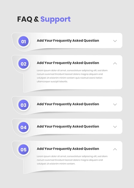 Vector resumen diseñado preguntas frecuentes y diseño de interfaz de soporte con texto expandido