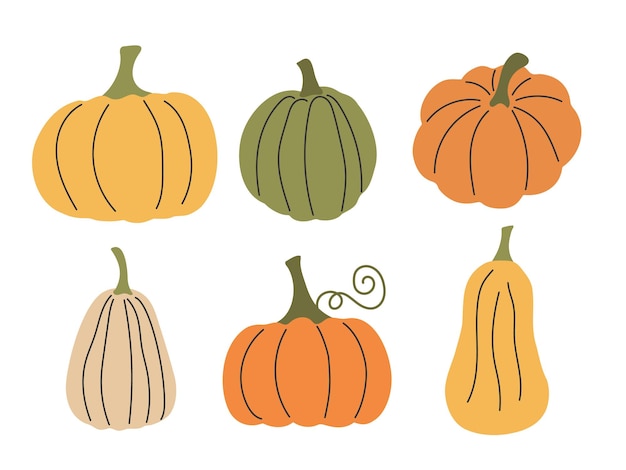 Resumen de Doodle Conjunto de calabazas Cosecha de verduras de otoño Silhueta de calabaza linda aislada en blanco