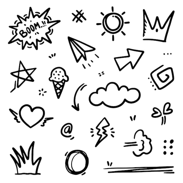 El resumen de Doodle del conjunto de líneas delgadas negras incluye el Círculo del Corazón y el Signo de la Flecha