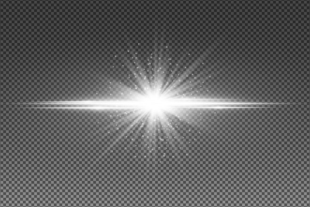 Resumen efecto de luz blanca aislado sobre fondo transparente. Estrella brillante con partículas luminosas voladoras. Líneas de neón aleatorias.