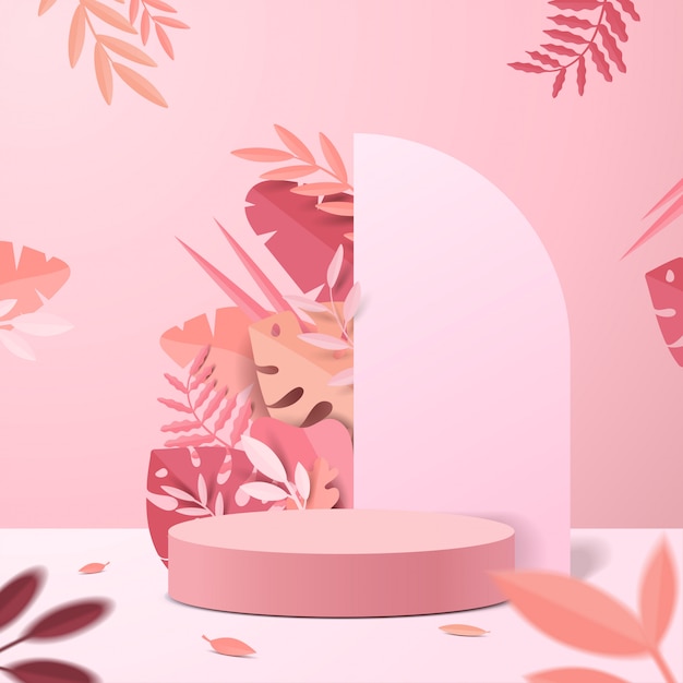 Resumen escena mínima con formas geométricas. Pantalla de podio de cilindro o maqueta de escaparate para producto en fondo rosa con hojas de papel.