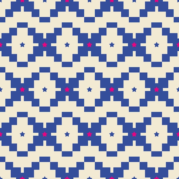 Resumen étnico estilo Ikat Pixel geométrico patrón sin costuras estrellas cuadrados colores de moda de moda