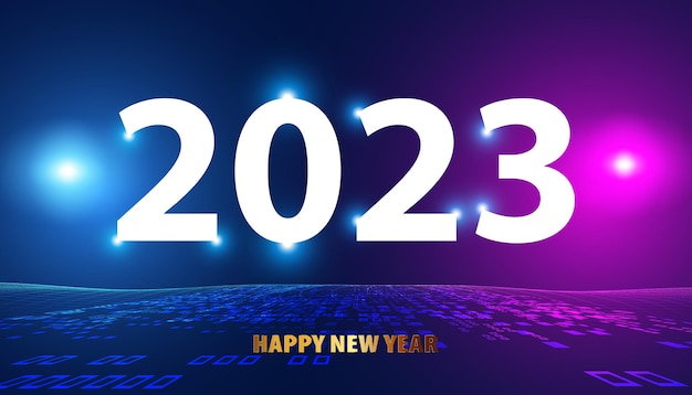 Resumen Feliz año nuevo 2023 red digital de luz circular sobre fondo azul