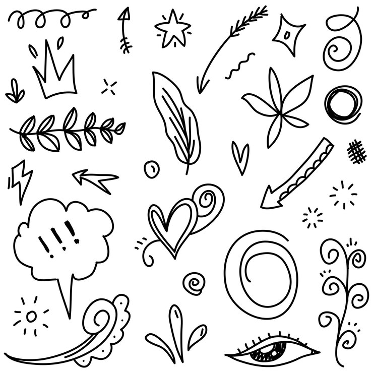 Vector resumen flechas cintas fuegos artificiales corazones lightninglove hoja estrellas cono coronas y otros elementos en un estilo dibujado a mano para diseños conceptuales scribble ilustración