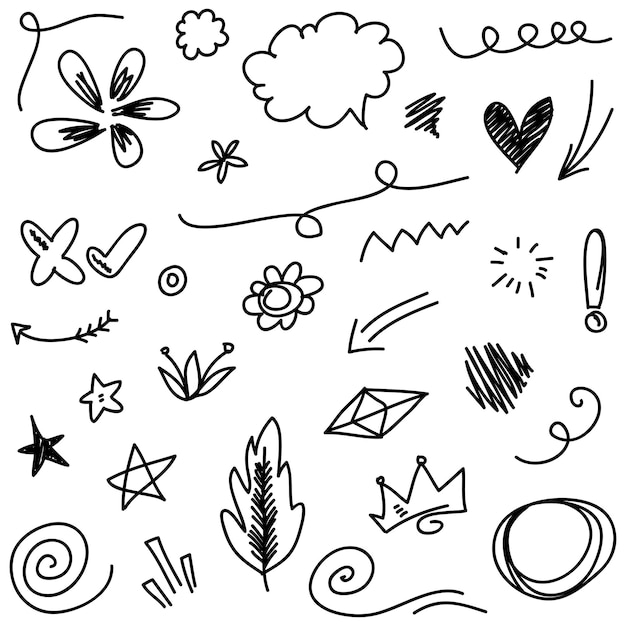 Vector resumen flechas cintas fuegos artificiales corazones lightninglove hoja estrellas cono coronas y otros elementos en un estilo dibujado a mano para diseños conceptuales scribble ilustración