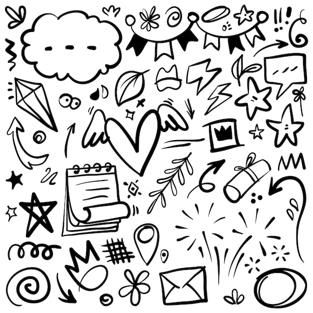 Resumen flechas cintas fuegos artificiales corazones lightninglove hoja estrellas cono coronas y otros elementos en un estilo dibujado a mano para diseños conceptuales Scribble ilustración