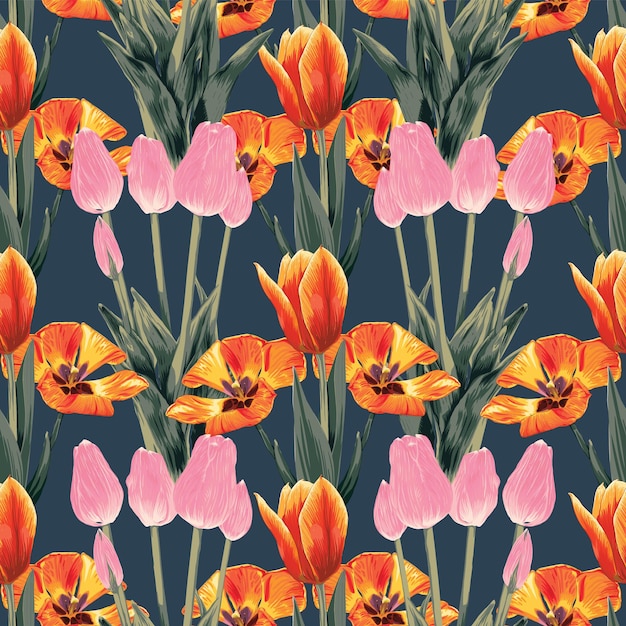 Resumen de flores de tulipán floral de patrones sin fisuras estilo de dibujo de acuarela de ilustración vectorial.