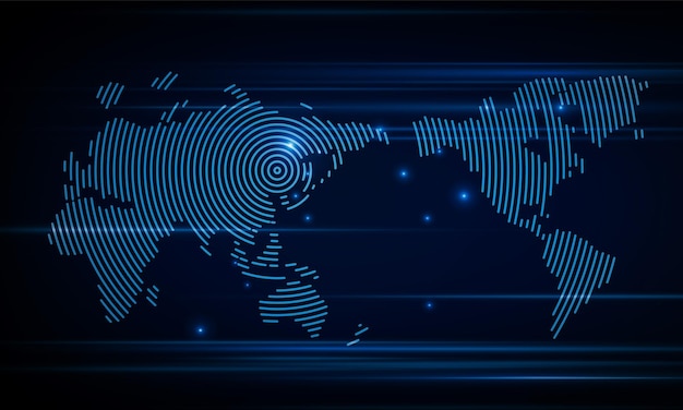 Resumen de un flujo de escaneo de números de código binario en el monitor son la matriz informática del mapa mundial concepto de comunicación de alta tecnología innovación diseño vectorial de fondo