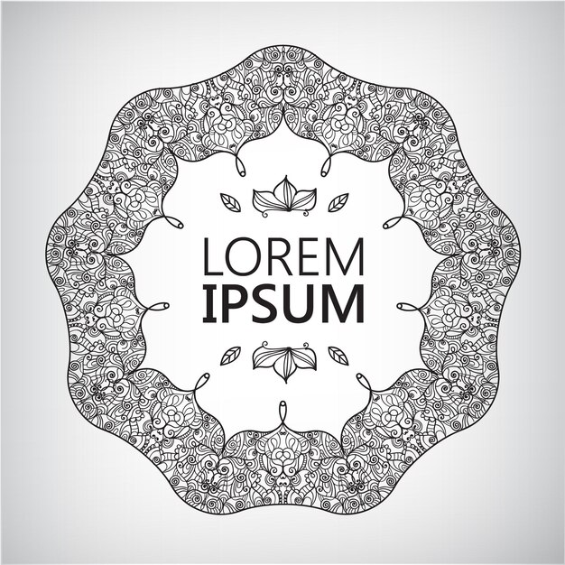 Resumen, gráfico de logotipo de meditación de yoga en estilo tribal boho, adorno indio vintage dibujado a mano logotipo de encaje decorado, marco, icono aislado. En blanco y negro.