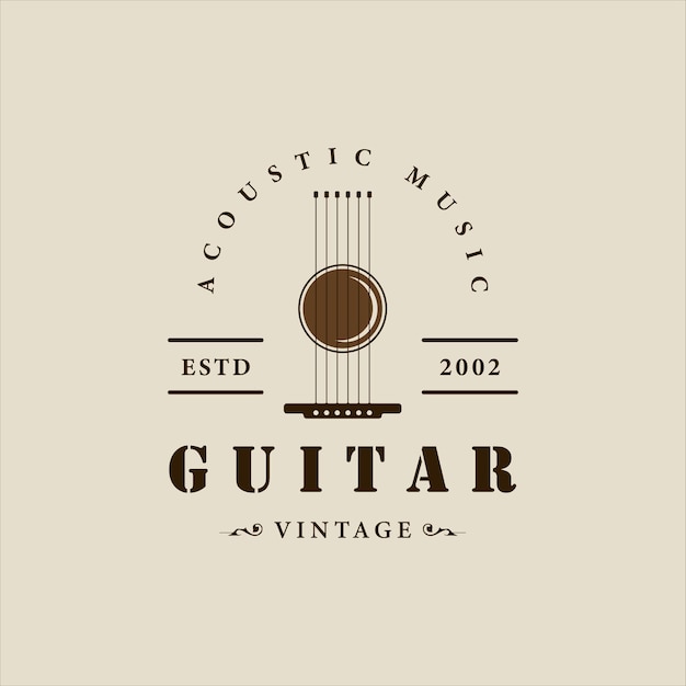 Resumen guitarra clásica logo vintage vector ilustración plantilla icono diseño gráfico música acústica instrumento signo o símbolo para guitarrista banda y negocio de tienda con estilo de tipografía