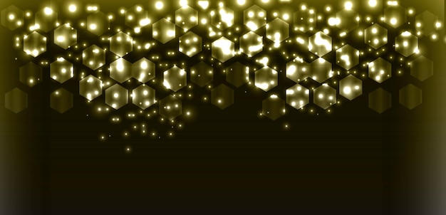 Resumen hexagonal brillante Fondo hexágonos iluminados dorados con partículas brillantes en un gradiente oscuro