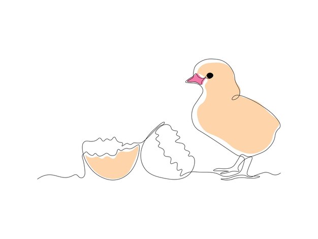 Resumen huevo vacío roto cáscara de huevo y pequeño pollito recién nacido dibujo artístico continuo de una línea