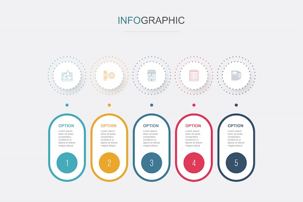 Resumen infografía de comercio electrónico 5 plantilla de opciones. Visualización de datos