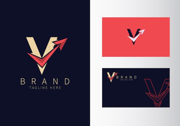 Resumen inicial letra v logotipo de viaje forma de color dorado con ilustración de vector de diseño de flecha roja