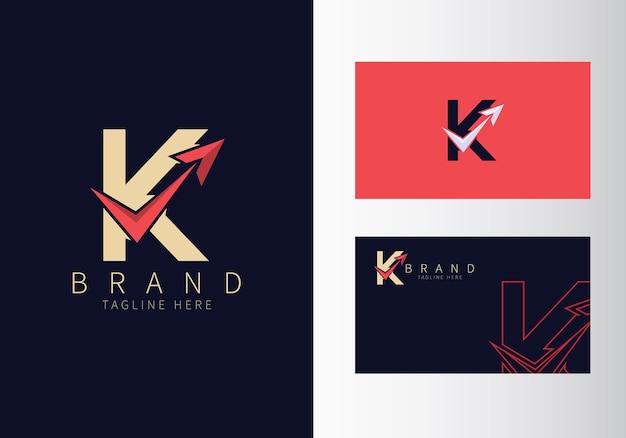 Resumen letra inicial K Travel Logo forma de color dorado con ilustración de vector de diseño de flecha roja