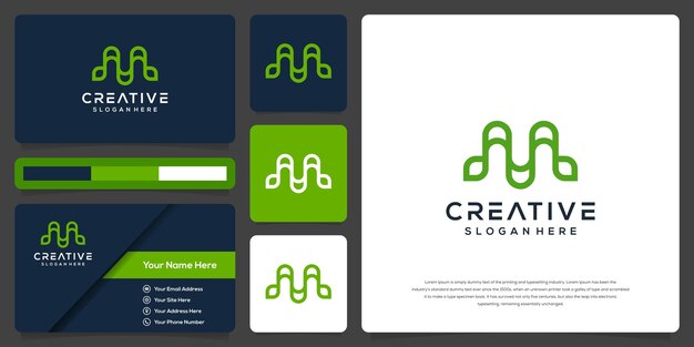 Resumen letra m con diseño de logotipo de hoja y tarjeta de visita