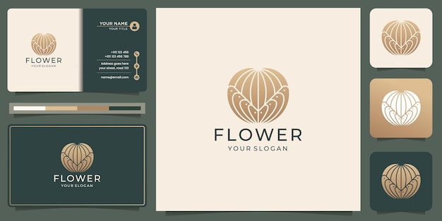 Resumen de logotipo de flor de forma de silueta de línea mono creativa con diseño de tarjeta de visita y color dorado.