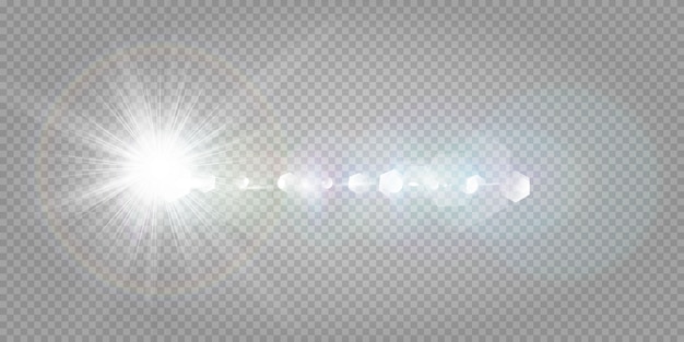 Resumen luz solar transparente efecto de luz de destello de lente especial. Desenfoque en movimiento resplandor resplandor. Fondo transparente aislado Elemento de decoración La estrella horizontal estalló los rayos y los reflectores.