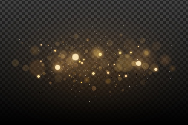Resumen mágico elegante efecto de luz con destellos dorados bokeh sobre un fondo transparente. Resplandor de navidad. Brillante polvo volador.