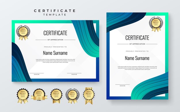 Resumen Modelo de certificado de aprecio profesional limpio en blanco y azul Certificado de diploma moderno con insignia Diseño elegante de diploma de negocios para la graduación de la formación o la finalización del curso