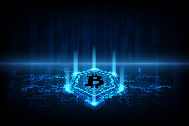 Vector resumen moneda digital bitcoin con fondo blockchain