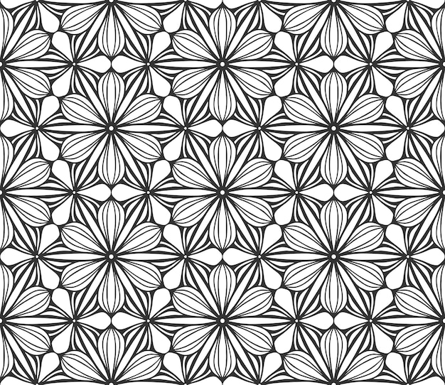 Vector resumen negro geométrico floral patrón sin costuras moda forma adornada tela impresión textura moda estilo retro flor alfombra ornamento azulejo vintage decorativo hexagonal monocromo papel tapiz telón de fondo