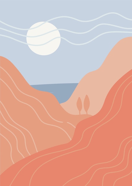 Resumen paisaje de arte minimalista panorama de las montañas el mar y el sol blanco caliente vector f ...