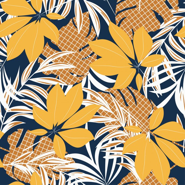 Resumen de patrones sin fisuras con coloridas hojas tropicales y plantas sobre fondo azul