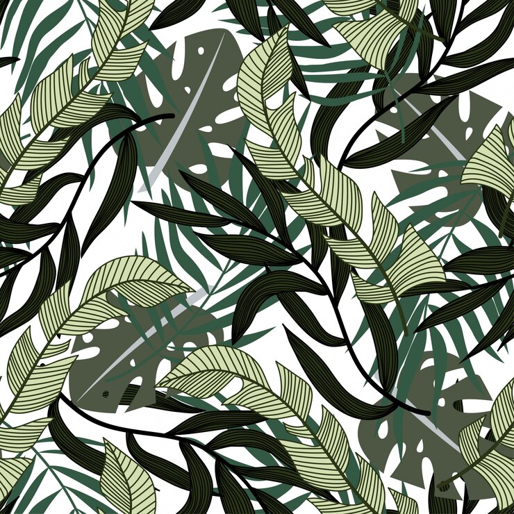 Vector resumen de patrones sin fisuras con coloridas hojas tropicales y plantas sobre fondo blanco