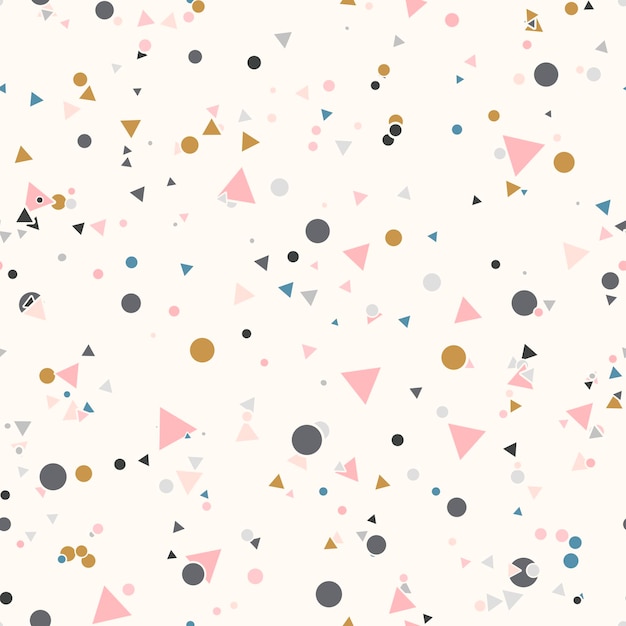 Resumen de patrones sin fisuras con coloridos círculos pequeños caóticos y triángulos en beige.