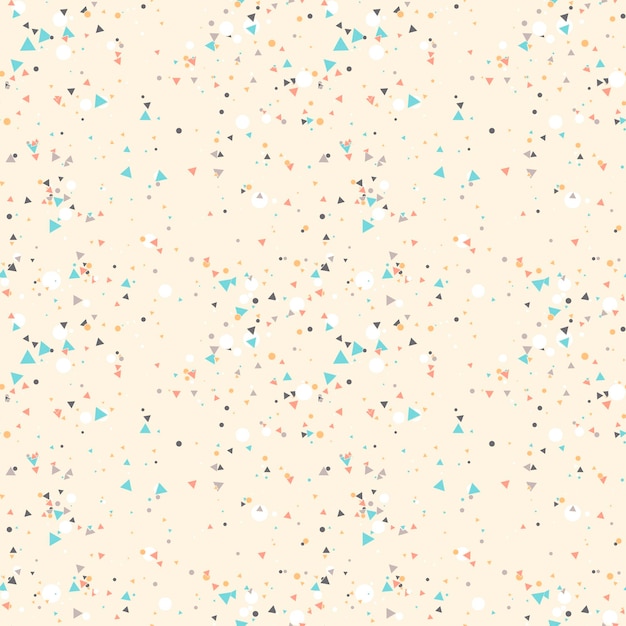 Resumen de patrones sin fisuras con coloridos círculos pequeños caóticos y triángulos en beige.
