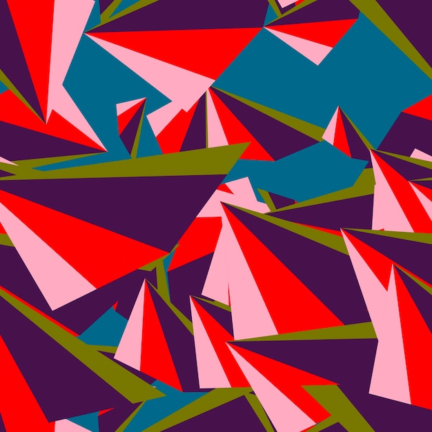 Resumen de patrones sin fisuras con coloridos triángulos caóticos, polígonos. Infinito triangular desordenado geo